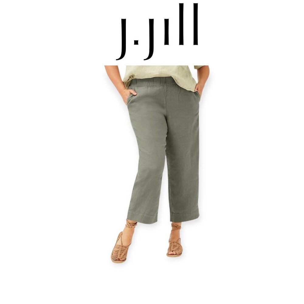J. Jill Pure Jill Linen Pants Sage Green Straight-Leg Pull-On Stretch Waist M EU